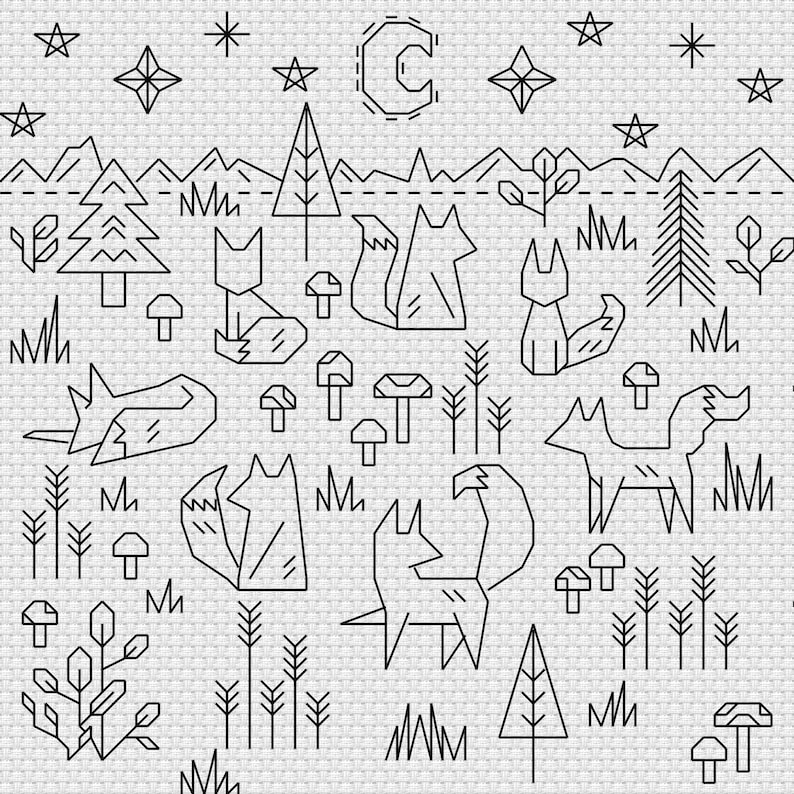 May include: Black and white line art illustration of a forest scene with a crescent moon, stars, trees, mushrooms, and foxes. The illustration is in a minimalist style.