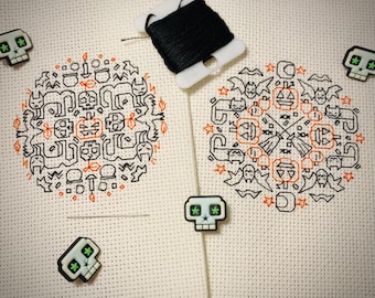 Mini Halloween Blackwork - Spooky and Sweet - Set of 2 Ornaments - Cross Stitch Blackwork Pattern PDF