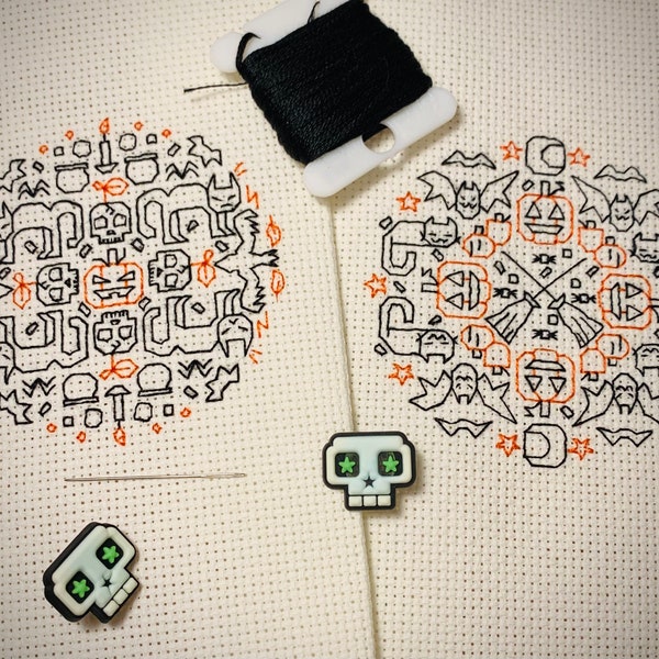 Mini Halloween Blackwork - Spooky and Sweet - Set of 2 Ornaments - Cross Stitch Blackwork Pattern PDF