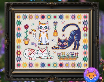 May include: Cross stitch pattern PDF for a colorful quilted cat design. The pattern features three cats with different patterns and colors, surrounded by flowers and stars. The title "Quilted Cats" is at the top of the design.