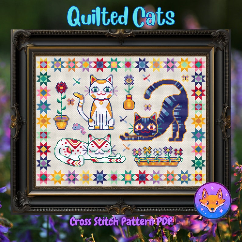 May include: Cross stitch pattern PDF for a colorful quilted cat design. The pattern features three cats with different patterns and colors, surrounded by flowers and stars. The title "Quilted Cats" is at the top of the design.