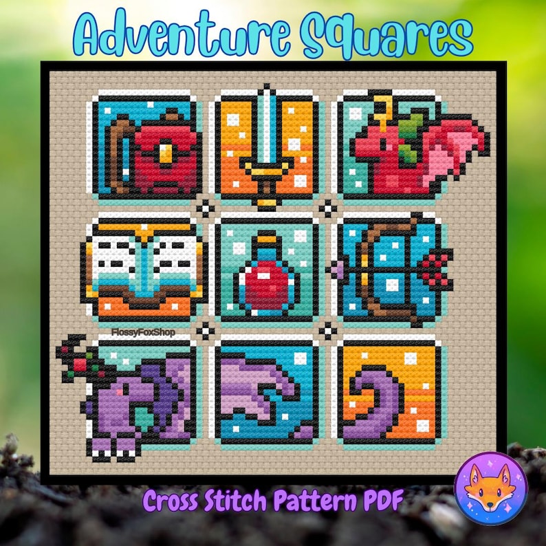 以下が含まれることがあります： 「Adventure Squares」というタイトルのクロスステッチパターン。ファンタジーアドベンチャーアイテムの9つのピクセル化された画像が特徴です。画像には、バックパック、剣、リス、本、ポーション、弓矢、ドラゴン、手、波が含まれています。「Cross Stitch Pattern PDF」というテキストも含まれています。