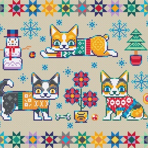 Peut inclure: Un motif de point de croix repr&eacute;sentant trois chats portant des pulls de No&euml;l et un bonhomme de neige. Les chats sont dans diff&eacute;rentes poses, et le bonhomme de neige porte un chapeau bleu. L'arri&egrave;re-plan est un tissu beige avec une bordure d'&eacute;toiles color&eacute;es.