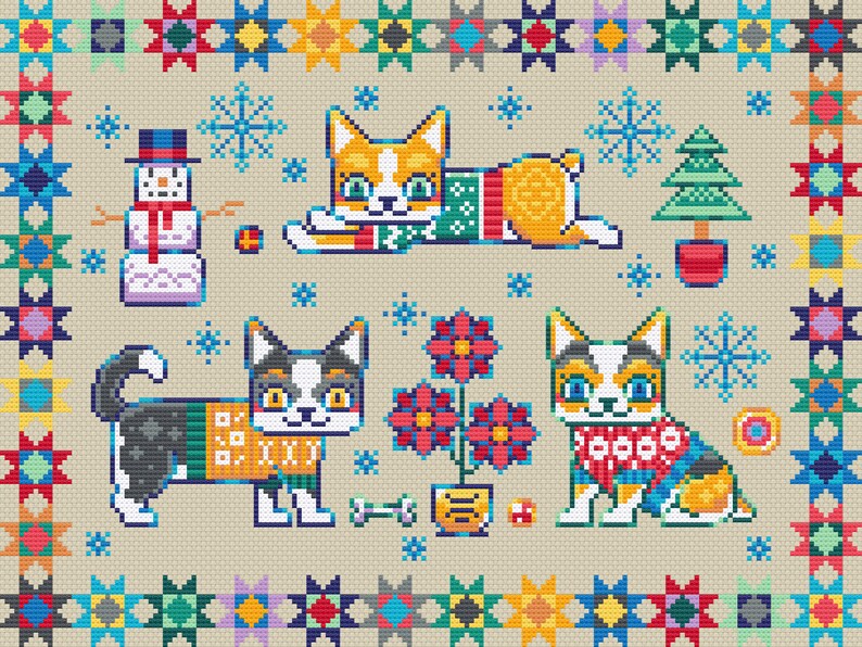 Peut inclure: Un motif de point de croix repr&eacute;sentant trois chats portant des pulls de No&euml;l et un bonhomme de neige. Les chats sont dans diff&eacute;rentes poses, et le bonhomme de neige porte un chapeau bleu. L'arri&egrave;re-plan est un tissu beige avec une bordure d'&eacute;toiles color&eacute;es.