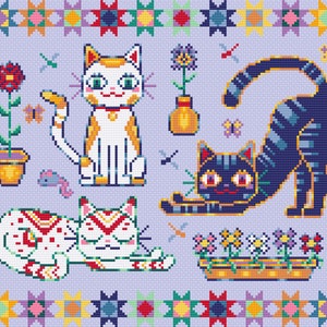 May include: Three colorful cats with different patterns and poses on a light purple background with a border of colorful patchwork stars. The cats are surrounded by flowers, plants, and butterflies.