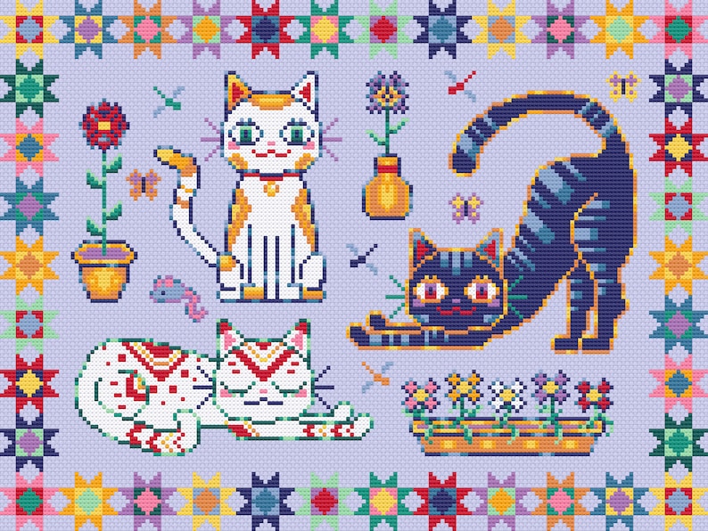 May include: Three colorful cats with different patterns and poses on a light purple background with a border of colorful patchwork stars. The cats are surrounded by flowers, plants, and butterflies.
