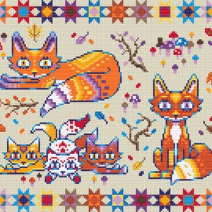 Puede incluir: Una ilustraci&oacute;n digital de cuatro zorros en un entorno oto&ntilde;al. Los zorros son naranja, blanco y marr&oacute;n con detalles morados. El fondo es de color beige con un borde de cuadrados de patchwork coloridos. Hay hojas, ramas y setas en el fondo.