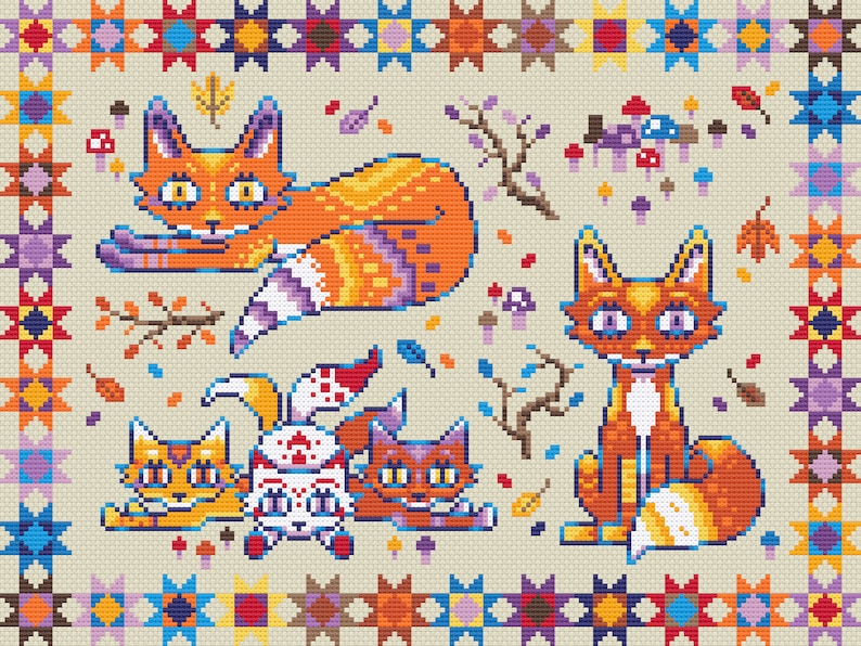 Puede incluir: Una ilustraci&oacute;n digital de cuatro zorros en un entorno oto&ntilde;al. Los zorros son naranja, blanco y marr&oacute;n con detalles morados. El fondo es de color beige con un borde de cuadrados de patchwork coloridos. Hay hojas, ramas y setas en el fondo.