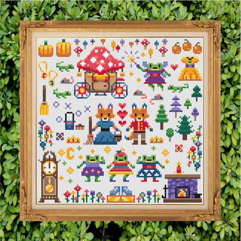 May include: Cross stitch pattern featuring a whimsical woodland scene with foxes, frogs, mushrooms, pumpkins, and a carriage. The pattern is in a white frame with a gold border.