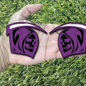White Scythe Reaper Emblem Badge Set of 2 Purple on Black Custom New.