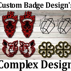 May include: A digital design sheet featuring a variety of badge designs. The designs include a red and black devil head with the text "Los Demons", a red and black pig head, a black geometric shape with a star, and a yellow four-leaf clover.