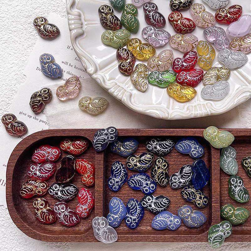 18x14.5 mm 翡翠ピンク、フクロウビーズ、チェコガラスビーズ、動物