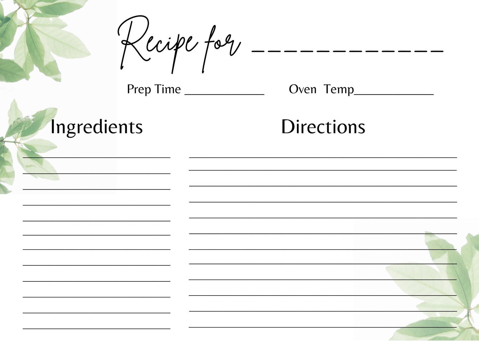 green-leaf-recipe-card-template-blank-5x7-customizable-etsy