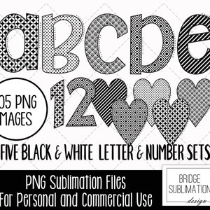 Paquete de letras doodle con patrón en blanco y negro, letras y números estampados, diseño de sublimación de letras, alfabeto en blanco y negro PNG, uso comercial