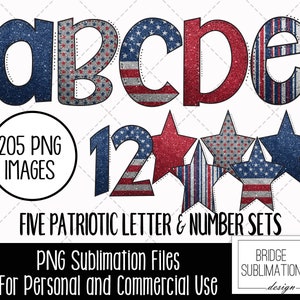 Glitter Patriotic Doodle Letters Bundle, 4th Alphabet PNG, 4th of July Sublimation Design, Red White & Blue Doodle Font, Commercial Use