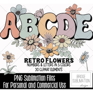Alfabeto Floral Boho Retro com Clipart PNG, Letras PNG Retro, Números e Acessórios, Alfabeto Retro e Clipart de Flores PNG, Fonte Boho Retro