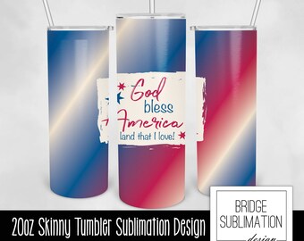4 juli 20oz smal tumbler sublimeringsdesign, Gud välsigne Amerika, röd vit & blå, digital nedladdning PNG direktnedladdning, kommersiell