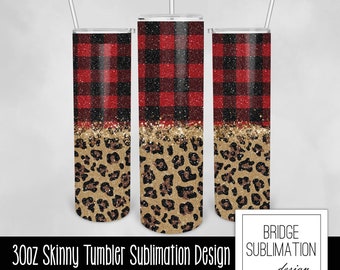 Buffalo Plaid & Leopard Print GlitzerTumbler Design, 30 Unzen Skinny Tumbler Sublimation Design Vorlage, Weihnachten Tumbler Wrap, Werbung