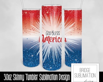 4 juli 30oz smal tumbler sublimeringsdesignmall, Gud välsigne Amerika, digital nedladdning PNG direktnedladdning, kommersiell