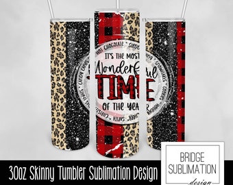 Most Wonderful Time Christmas Buffalo Plaid Tumbler, 30oz Skinny Tumbler Sublimation Design Template, Tumbler Wrap Design, Commercial Use