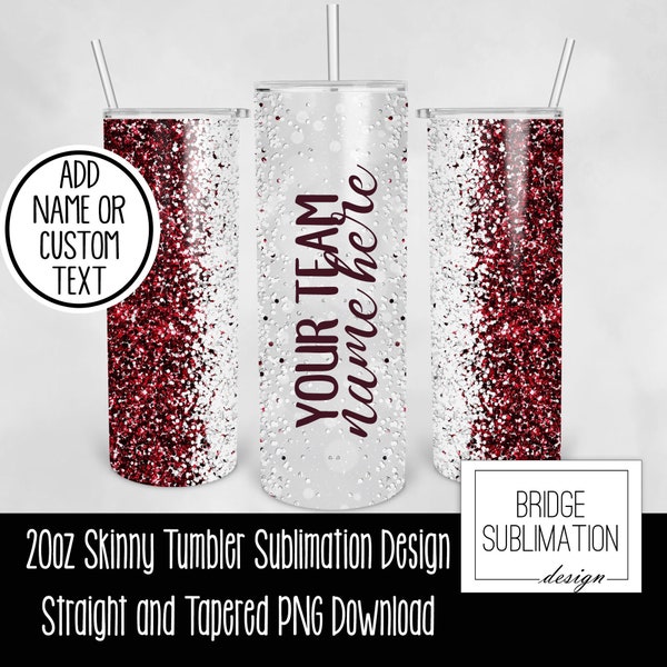 Maroon & White Team Tumbler PNG, 20oz Skinny Tumbler Sublimation Design Template, Maroon White Glitter Tumbler, Add Name, Commercial Use