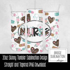May include: Three 20oz skinny tumblers with a white background and a nurse-themed design. The design includes the word "NURSE" in a circle, surrounded by medical symbols, hearts, and flowers. The tumblers have a straw.