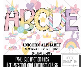 Unicorn Doodle Alphabet Bundle, Unicorn Font, Unicorn PNG Letters, Numbers & Accessories, Unicorn Sublimation, Download, Commercial Use
