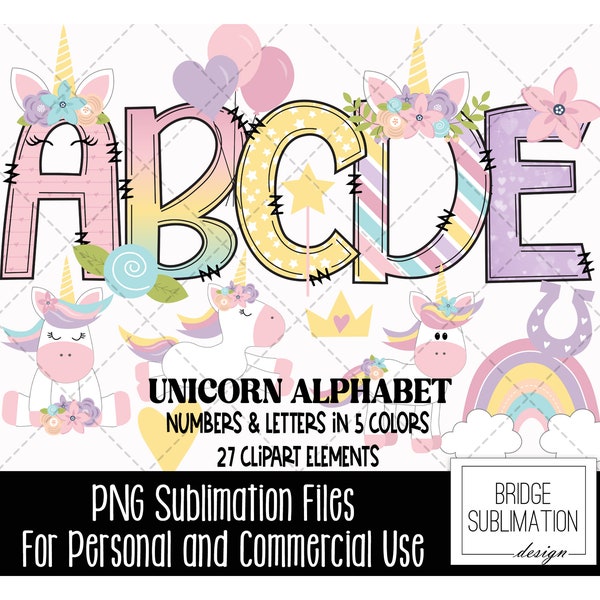 Unicorn Doodle Alphabet Bundle, Unicorn Font, Unicorn PNG Letters, Numbers & Accessories, Unicorn Sublimation, Download, Commercial Use