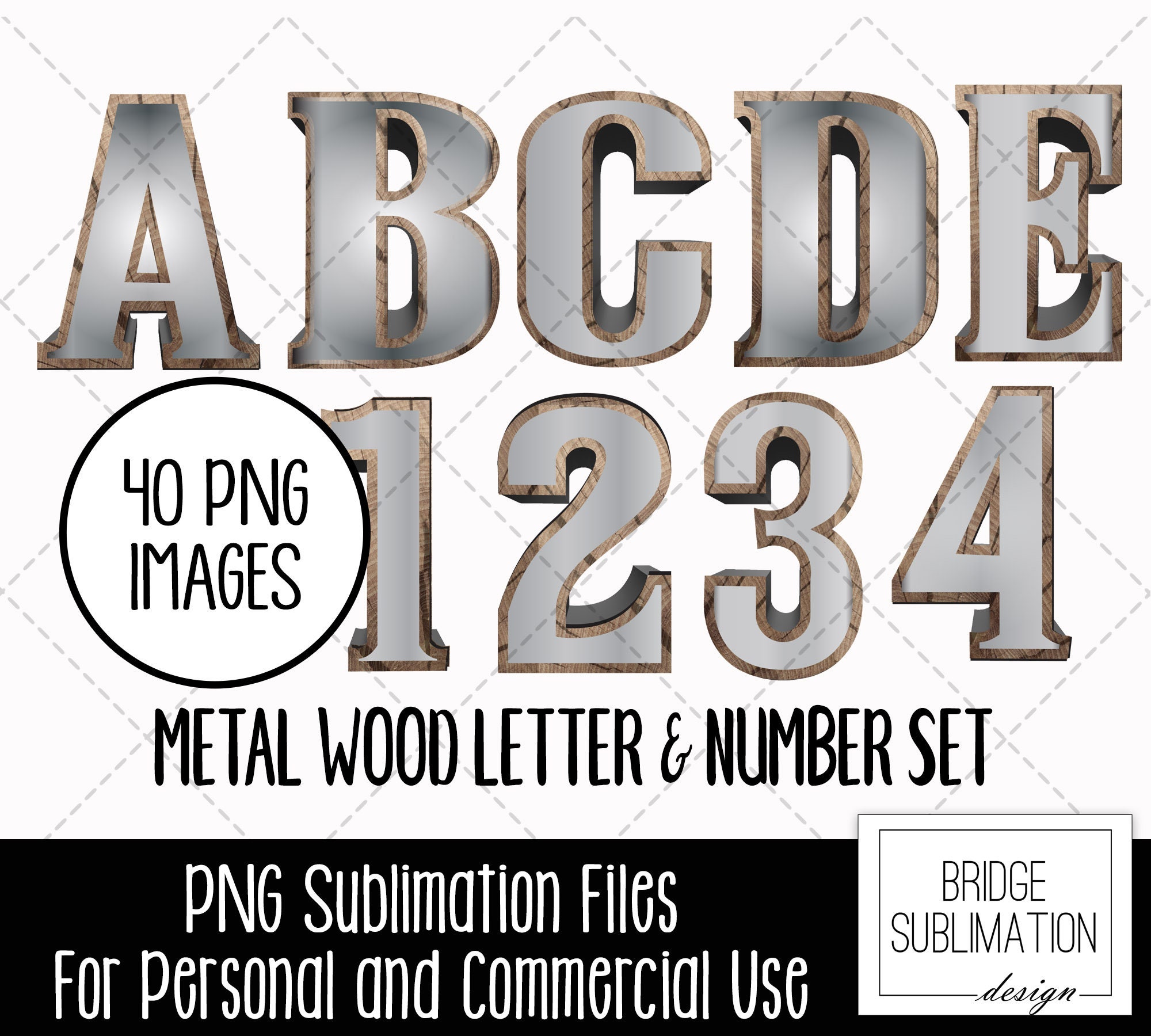 3D Metall Holz Buchstaben, rustikale silberne Buchstaben & Zahlen,  Scheunenholz Sublimationsdesign, handgezeichnetes Alphabet PNG Download,  kommerzielle Nutzung - .de