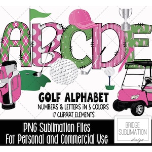 Golf Doodle Alphabet Bundle, Golf PNG Letters, Numbers & Accessories, Pink, Green, White Sublimation, Golf Alphabet, Commercial Use