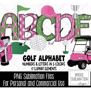 Golf Doodle Alphabet Bundle, Golf PNG Letters, Numbers & Accessories, Pink, Green, White Sublimation, Golf Alphabet, Commercial Use