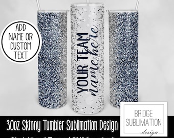 Navy & Silver Team Tumbler PNG, 30oz Skinny Tumbler Sublimation Design Template, Navy Blue Gray Glitter, Add Name, Commercial Use