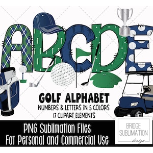 Alfabeto de golf con doodle, letras, números y accesorios PNG de golf, sublimación verde, blanco y azul, para uso comercial