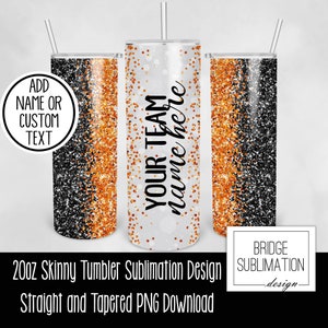 Puede incluir: Un diseño de sublimación para vaso skinny de 20 onzas con un patrón de purpurina negro y naranja. El vaso es blanco con el texto "YOUR TEAM name here" en la parte delantera. Descarga PNG recta y cónica.