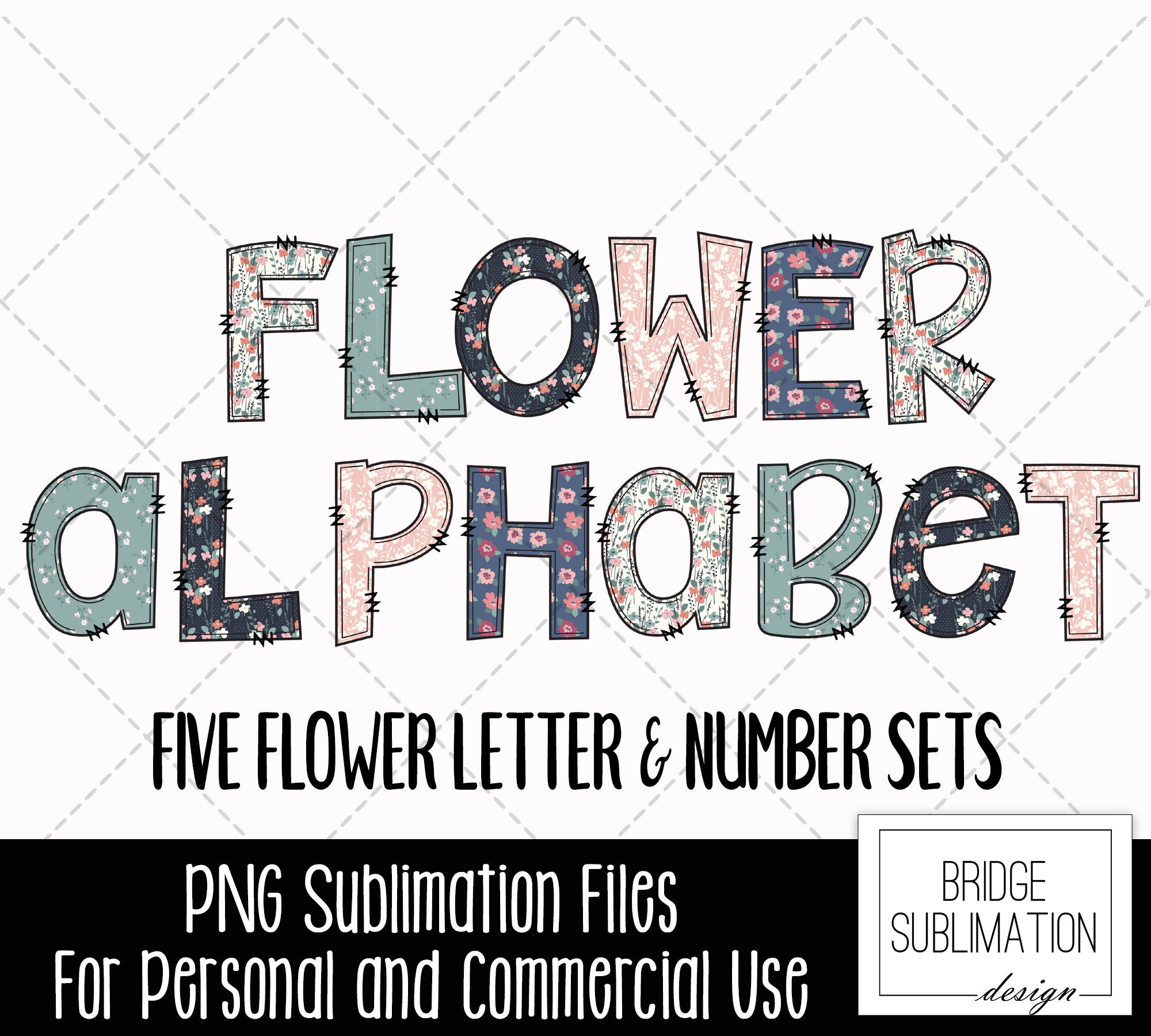 Cute Floral Doodle Letters Bundle, Flower Letters & Numbers,  Floral Sublimation Design,Blue,Pink,Green Flower Alphabet PNG, Commercial Use