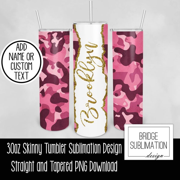 Pink Camo Tumbler PNG, 30 oz Skinny Tumbler Sublimation Design Template, Custom Name Camouflage Tumbler, Pink Camo Design, Commercial Use