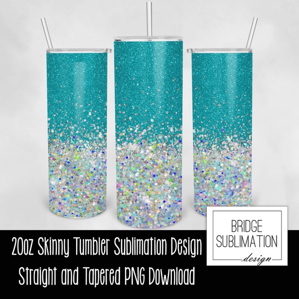 Teal Holographic Glitter 20oz Skinny Tumbler Sublimation Design Wrap, Teal Glitter Design PNG, Digital Download PNG Instant Download