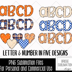 Op de afbeelding: Vijf verschillende ontwerpen van de letters A, B, C en D. Elke letter is zwart omlijnd en gevuld met een ander patroon in oranje, blauw en wit. De letters zijn gerangschikt in rijen van vier. De tekst "LETTER & NUMBER IN FIVE DESIGNS" staat onder de letters. De tekst "PNG Sublimation Files" staat onder de tekst "LETTER & NUMBER IN FIVE DESIGNS". De tekst "For Personal and Commercial Use" staat onder de tekst "PNG Sublimation Files". De tekst "BRIDGE SUBLIMATION design- " staat in de rechterbenedenhoek van de afbeelding.