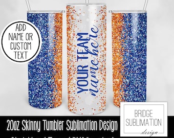 Oranje & blauw team 20oz skinny tuimelaar sublimatie ontwerpsjabloon, blauw oranje glitter tuimelaar, naam toevoegen, digitale PNG, commercieel gebruik
