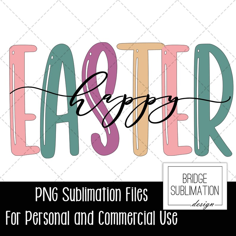May include: Happy Easter text in a colorful, hand-drawn style. The letters are in pink, green, purple, and orange. The text is perfect for a spring or Easter craft project.