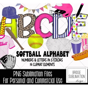 Softball Doodle Alphabet Bundle, Softball PNG Letters, Numbers & Accessories, Pink Glitter Leopard Sublimation, Softball Alphabet,Commercial