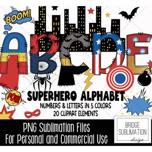 Paquete de alfabeto de superhéroes, letras, números y accesorios PNG de superhéroes, sublimación de superhéroes, alfabeto de superhéroes, uso comercial