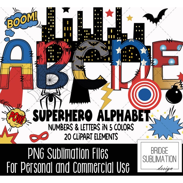 Superhero Doodle Alphabet Bundle, Superhero PNG Letters, Numbers & Accessories, Super Hero Sublimation, Superhero Alphabet, Commercial Use