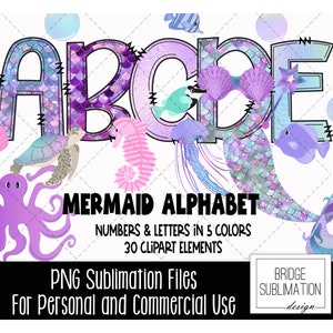 Pacote de alfabeto de sereia, letras, números e acessórios PNG de sereia, design de sublimação de clipart de sereia, letras de sereia PNG