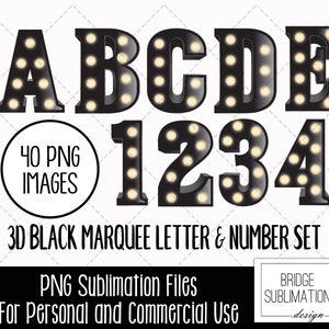 3D Black Marquee Letters, Marquee Letters & Numbers, Black Marquee Sublimation Design, Light Alphabet PNG Download, Commercial Use