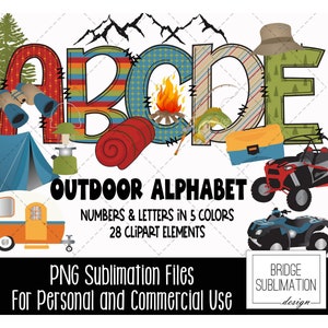 Pacote de alfabeto para pesca e acampamento ao ar livre, letras, números e acessórios PNG para atividades ao ar livre, design de sublimação de clipart de acampamento, letras PNG
