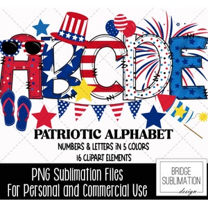 Pacote de alfabeto patriótico com rabiscos, letras, números e acessórios PNG de 4 de julho, sublimação em vermelho, branco e azul, alfabeto de bandeira, uso comercial