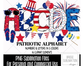 Patriotic Doodle Alphabet Bundle, 4th of July PNG Letters, Numbers & Accessories, Red White Blue Sublimation, Flag Alphabet, Commercial Use