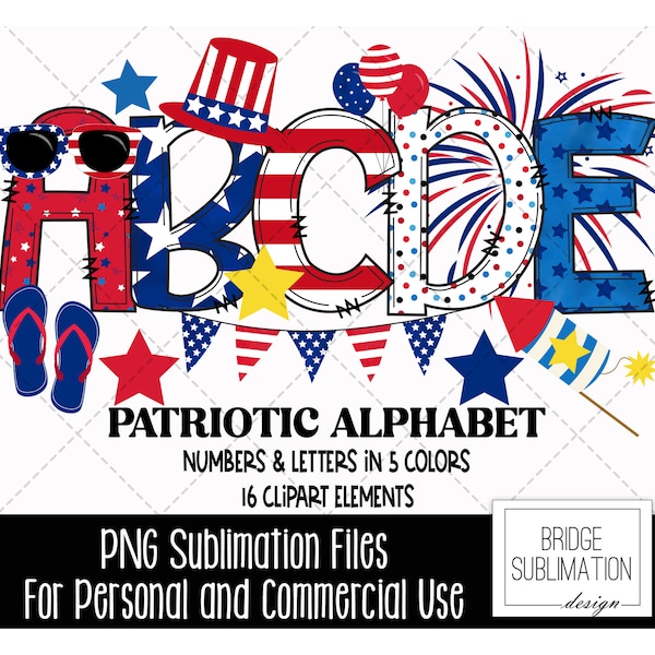 Patriotic Doodle Alphabet Bundle, 4th of July PNG Letters, Numbers & Accessories, Red White Blue Sublimation, Flag Alphabet, Commercial Use