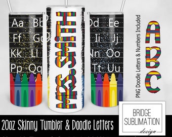 Teacher Tumbler with Matching Doodle Alphabet PNG, Teacher 20oz Skinny Tumbler Wrap PNG, Teacher Font, Teacher Tumbler Wrap PNG, Download